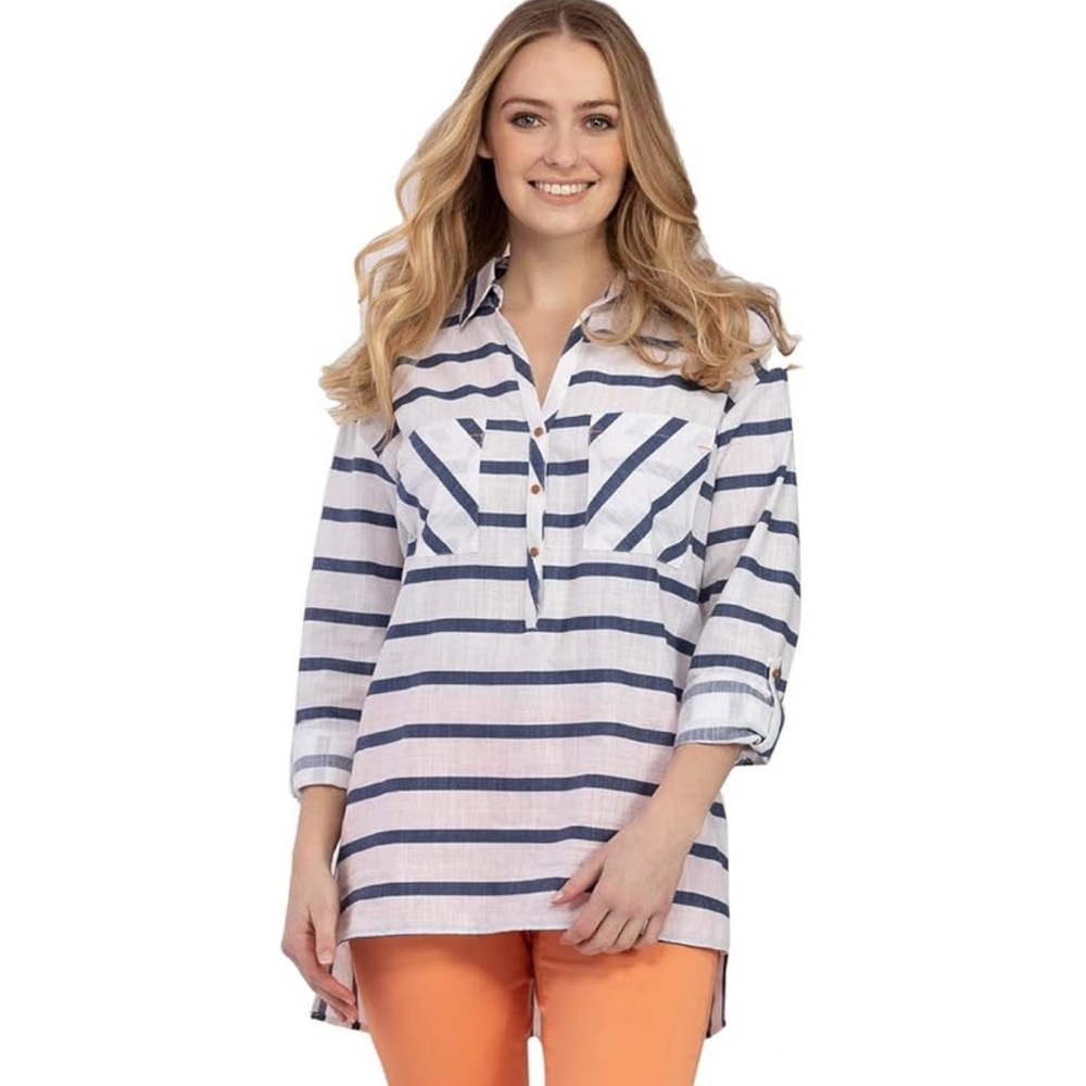 Tribal White and Blue Stripe Cotton 3/4 Sleeve Tab Half Button Down Top Size L